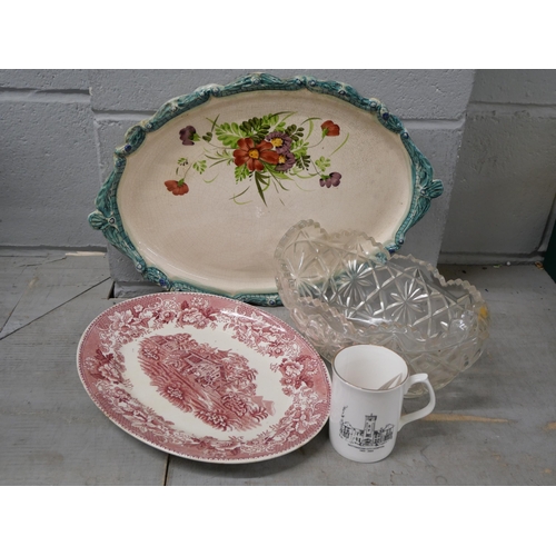 2304 - A Victorian charger, a Longport Staffordshire large serving plate, a cut glass fruit bowl and a mug ... 