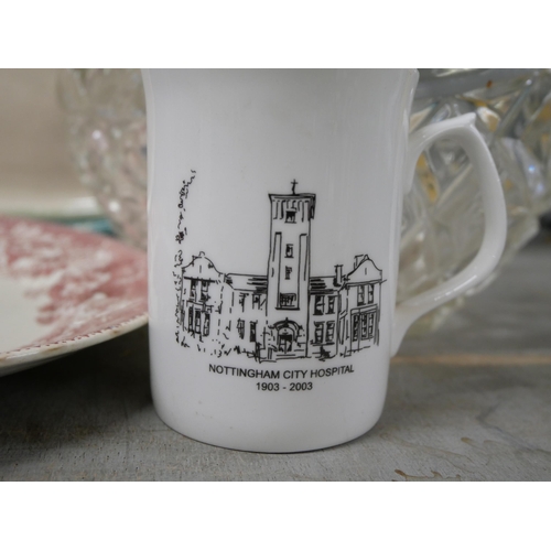 2304 - A Victorian charger, a Longport Staffordshire large serving plate, a cut glass fruit bowl and a mug ... 