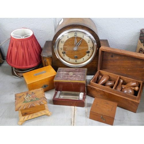 2307 - A collection of wooden boxes and a 1930s clock, a lamp and wooden skittle set **PLEASE NOTE THIS LOT... 