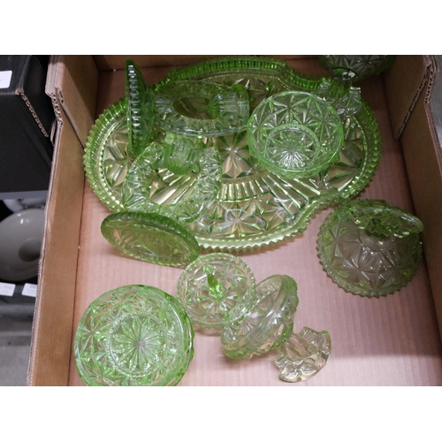 2320 - A green glass dressing table set and a chrome covered pottery tea service **PLEASE NOTE THIS LOT IS ... 