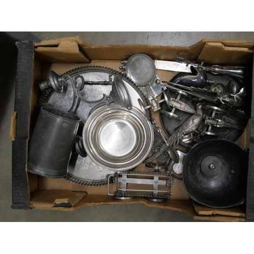 2327 - A box of assorted metalwares; silver plate and pewter and a metal model of a knight **PLEASE NOTE TH... 