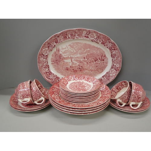 2328 - A large collection of pink transferware tea and dinner wares, mainly scenes around Windsor and Berks... 