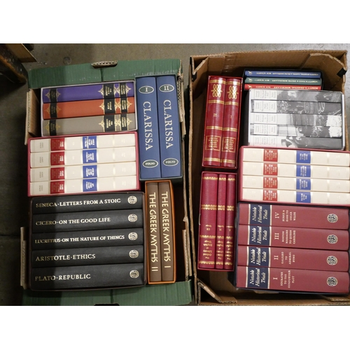 2335 - Two boxes of Folio Society books including Noteable Historical Trials, The History of the Decline an... 