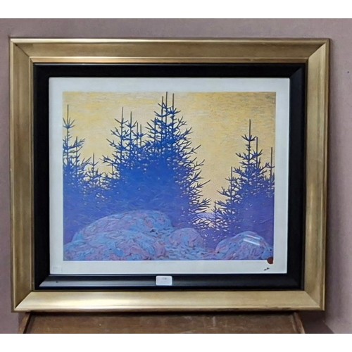 298 - A signed limited edition Lauren Harris print, yellow sky blue spruce, no. 135/995, framed