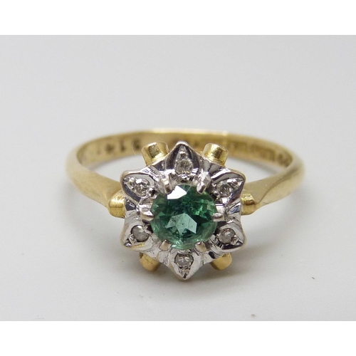 7005 - An 18ct gold, turquoise colour stone and diamond cluster ring, 2.7g, N