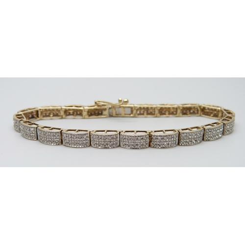 7012 - A 9ct gold and diamond bracelet, 12.4g, 18cm, lacking two stones