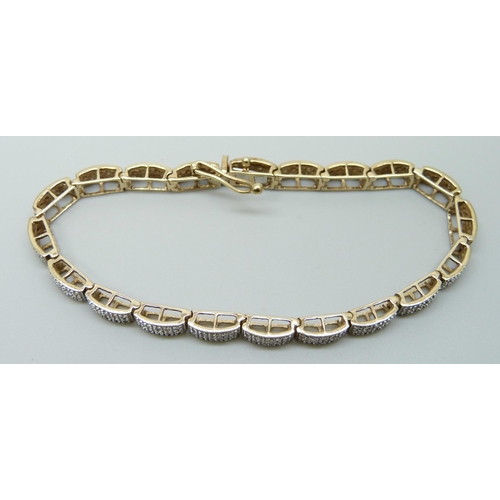 7012 - A 9ct gold and diamond bracelet, 12.4g, 18cm, lacking two stones