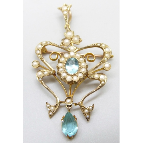 7020 - Two 9ct gold Art Nouveau pendants including one set with seed pearls and blue stones, 6.3g