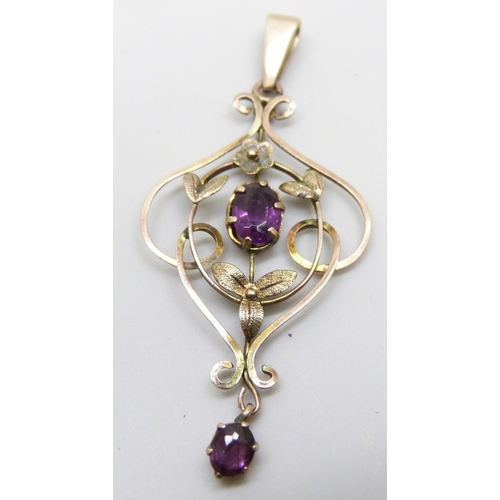 7020 - Two 9ct gold Art Nouveau pendants including one set with seed pearls and blue stones, 6.3g