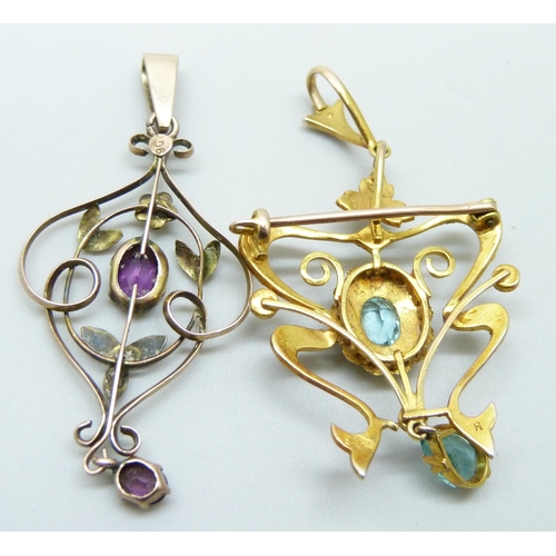 7020 - Two 9ct gold Art Nouveau pendants including one set with seed pearls and blue stones, 6.3g