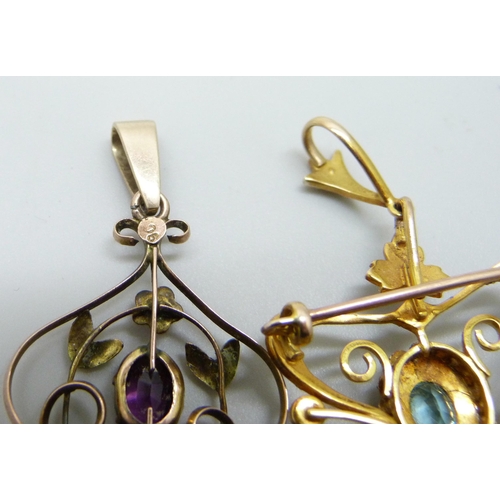 7020 - Two 9ct gold Art Nouveau pendants including one set with seed pearls and blue stones, 6.3g