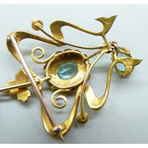 7020 - Two 9ct gold Art Nouveau pendants including one set with seed pearls and blue stones, 6.3g