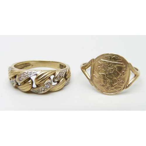 7022 - Two 9ct gold rings, 4.2g, M and P