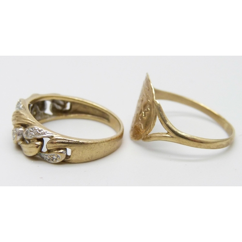 7022 - Two 9ct gold rings, 4.2g, M and P