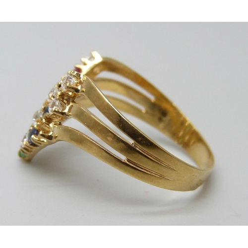 7042 - A yellow metal stone set ring, lacking one white stone, 3.1g, Q