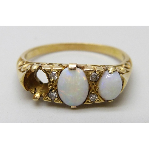 7050 - An 18ct gold, opal and diamond ring, lacking one opal, 4.2g, O/P