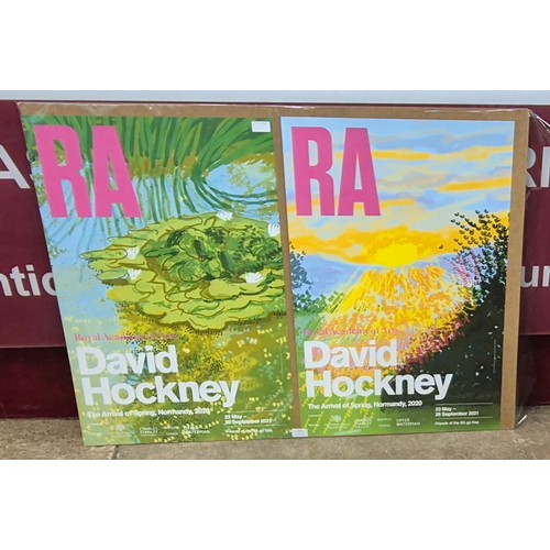 300 - Two David Hockney Royal Academy exhibition posters, The Arrival of Spring, Normandy 2020, unframed