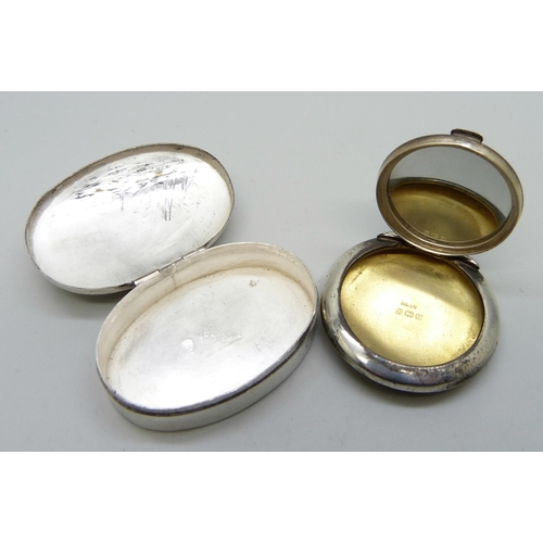 7066 - A silver pill/patch box with mirror, Birmingham 1919, and one other silver pill box marked Mexico