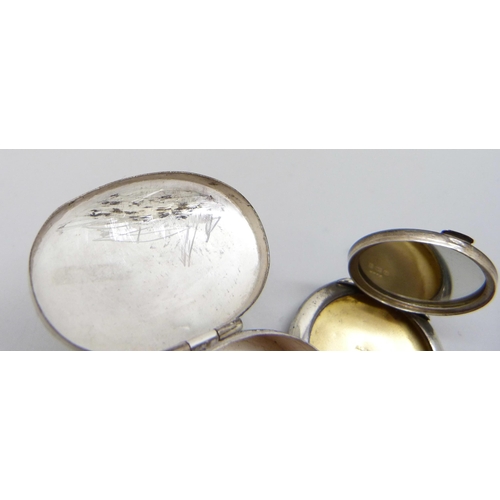 7066 - A silver pill/patch box with mirror, Birmingham 1919, and one other silver pill box marked Mexico