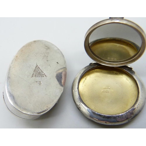 7066 - A silver pill/patch box with mirror, Birmingham 1919, and one other silver pill box marked Mexico