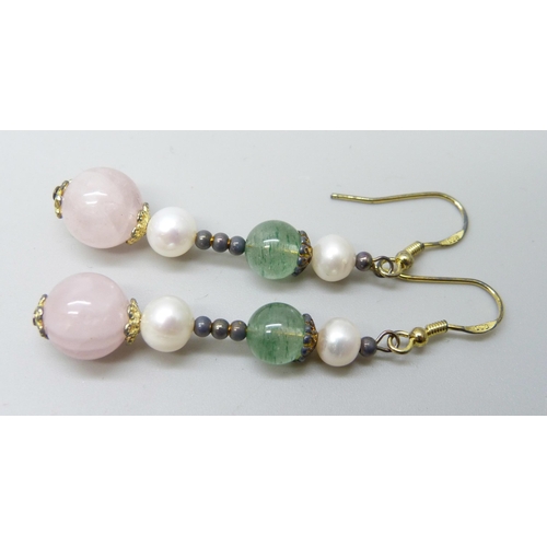 7072 - A pair silver, Kaori pearl and coloured quartz drop earrings, with certificate