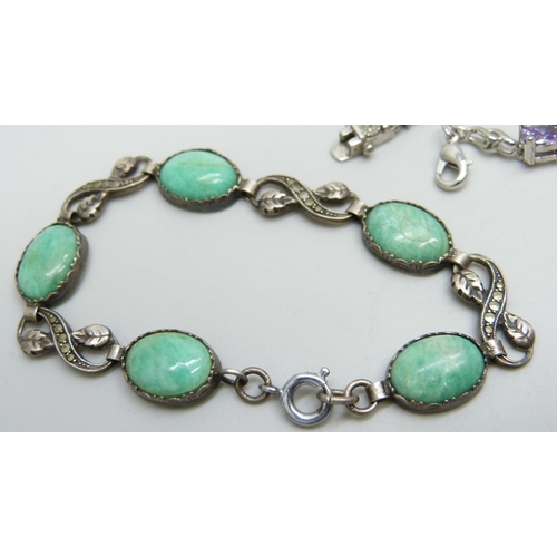 7075 - Three silver bracelets and one other set with green stones