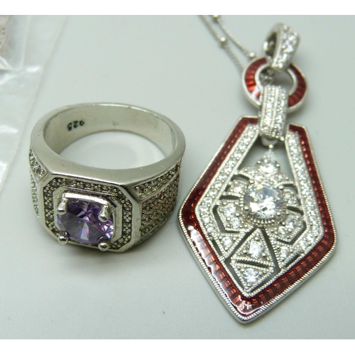 7078 - A collection of silver jewellery including an Art Deco style CZ set pendant