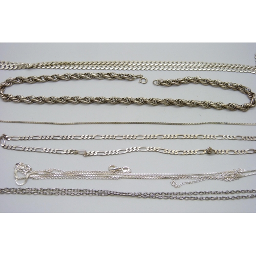 7088 - Seven silver chains, one requires fastener, 76g