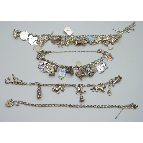 7090 - Four silver charm bracelets, 101g, two require fasteners