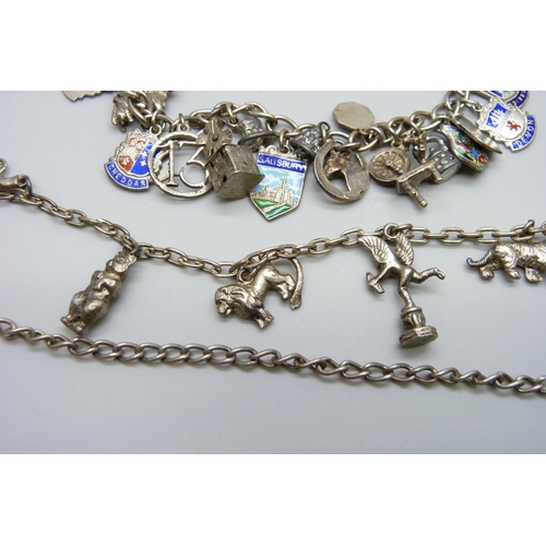 7090 - Four silver charm bracelets, 101g, two require fasteners