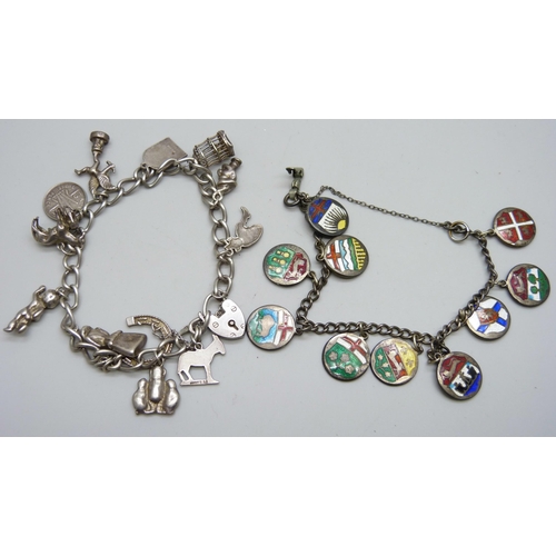 7099 - Two silver charm bracelets, one with ten enamelled Canadian provinces emblems, 74g