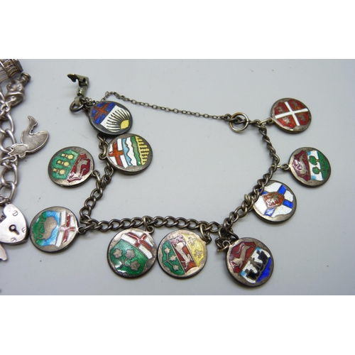 7099 - Two silver charm bracelets, one with ten enamelled Canadian provinces emblems, 74g