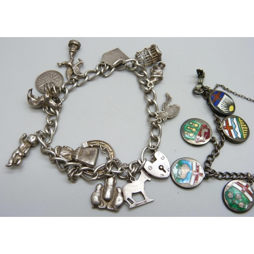 7099 - Two silver charm bracelets, one with ten enamelled Canadian provinces emblems, 74g