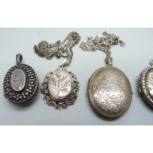 7105 - Five silver lockets including one Victorian