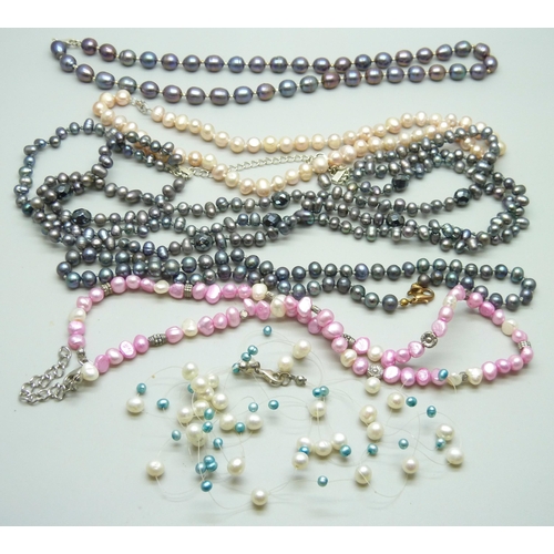 7116 - Baroque cultured pearl and freshwater pearl necklets, three with silver clasps