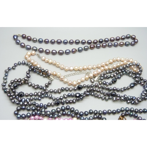 7116 - Baroque cultured pearl and freshwater pearl necklets, three with silver clasps