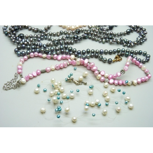 7116 - Baroque cultured pearl and freshwater pearl necklets, three with silver clasps