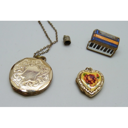 7118 - A 9ct gold back and front locket, a plated locket and a jade pendant and chain