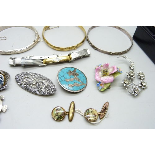 7132 - Five bracelets/bangles including silver and 9ct gold core and a quantity of costume jewellery