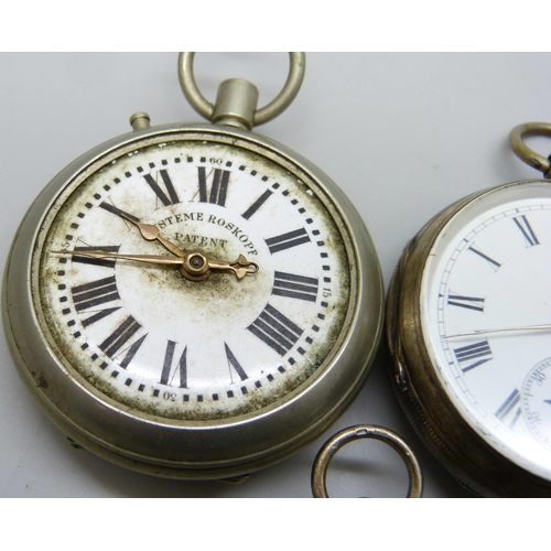 7165 - A silver cased pocket watch, an 800 silver cased fob watch and two other watches