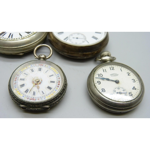 7165 - A silver cased pocket watch, an 800 silver cased fob watch and two other watches