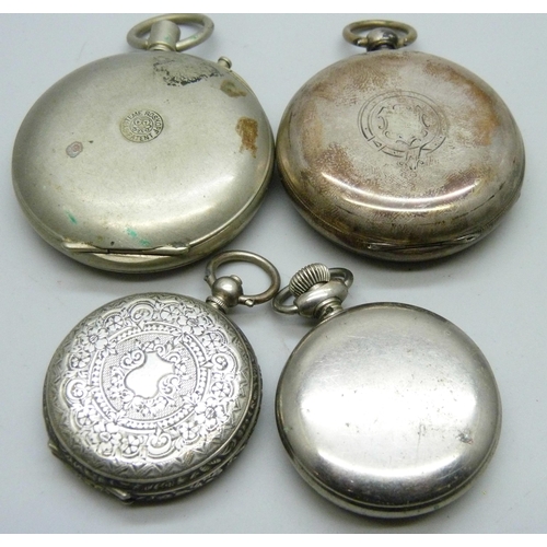 7165 - A silver cased pocket watch, an 800 silver cased fob watch and two other watches