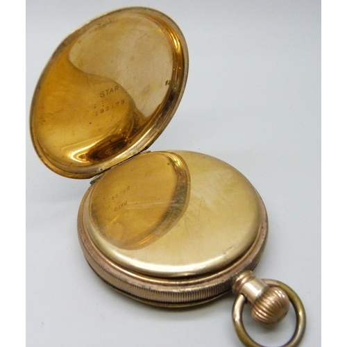 7166 - A gold plated full-hunter pocket watch  with English lever movement