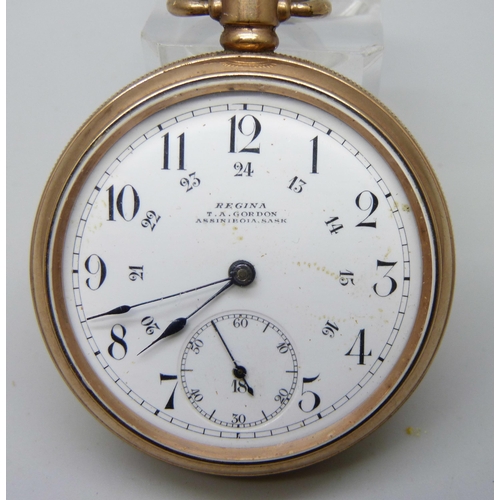 7167 - A plated Regina pocket watch, T.A. Gordon, Assiniboia, Sask., Dennison case