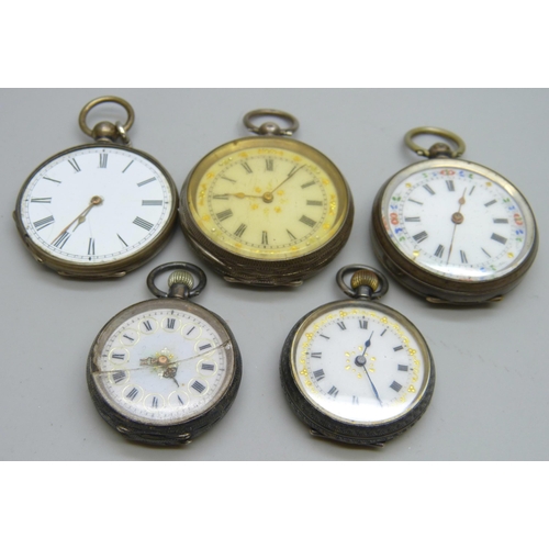 7169 - Five silver fob watches, two a/f