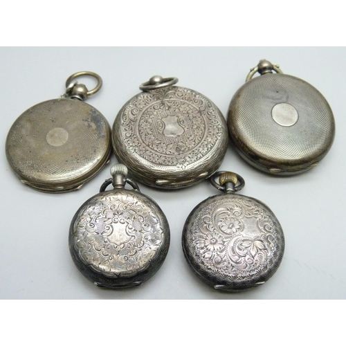 7169 - Five silver fob watches, two a/f