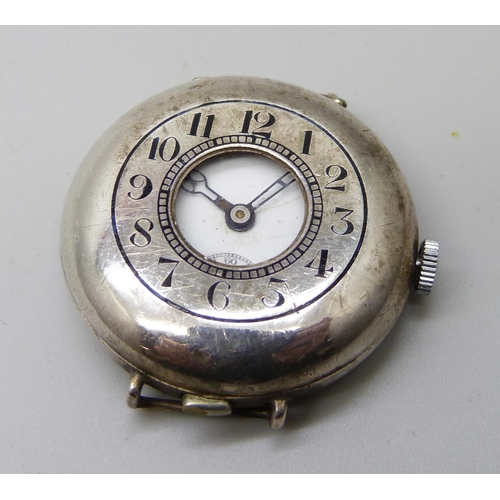 7170 - A silver half-hunter trench wristwatch, button release flip open case front, Glasgow import mark for... 