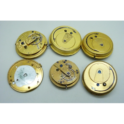 7172 - Five pocket watch movements with diamond end stones