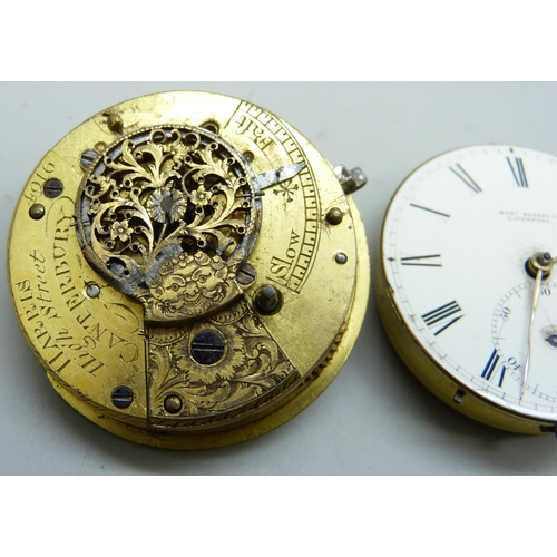 7174 - A pocket watch movement by Robert Rosekell, Liverpool and a verge pocket watch movement (no dial)