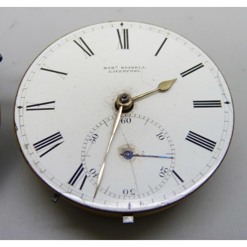 7174 - A pocket watch movement by Robert Rosekell, Liverpool and a verge pocket watch movement (no dial)